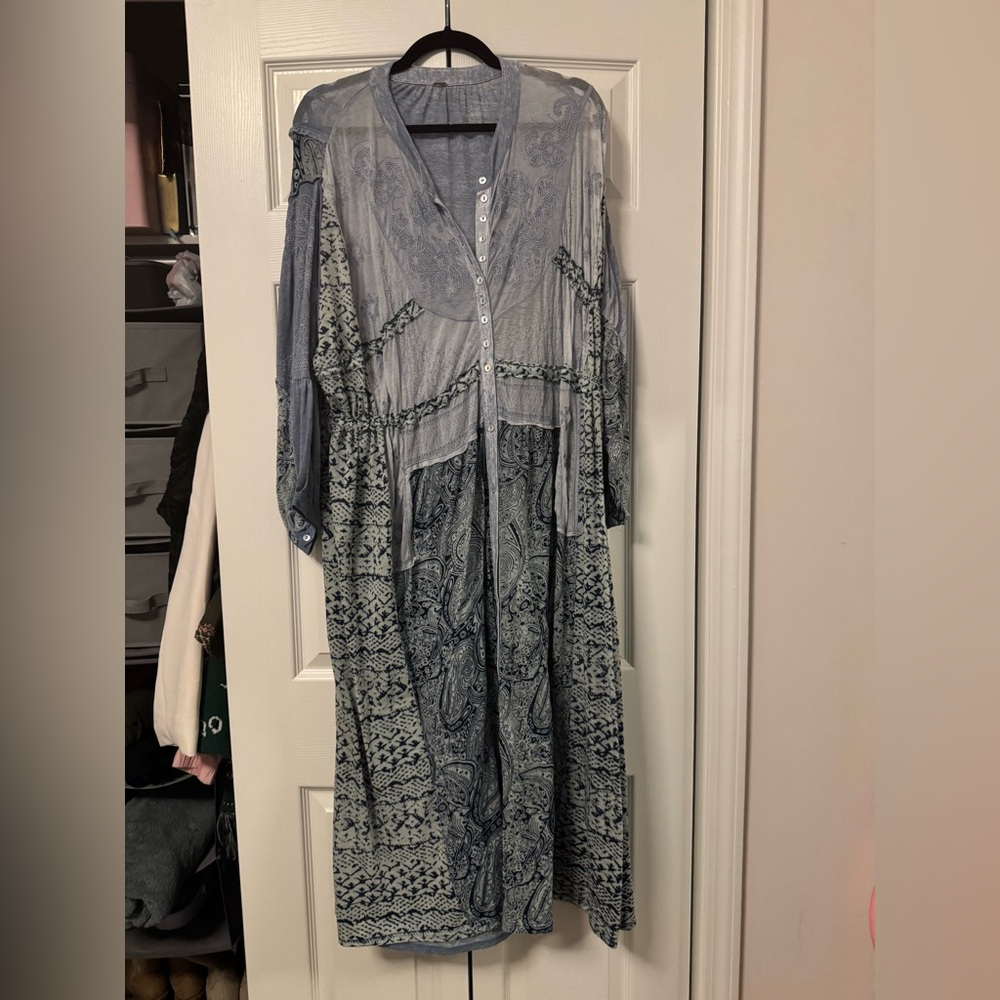 Free People Blue Embroidered Patchwork Boho Maxi Dress – Size XL